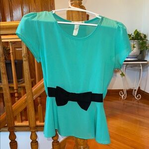 a'gaci Aqua Peplum Blouse with Black Bow